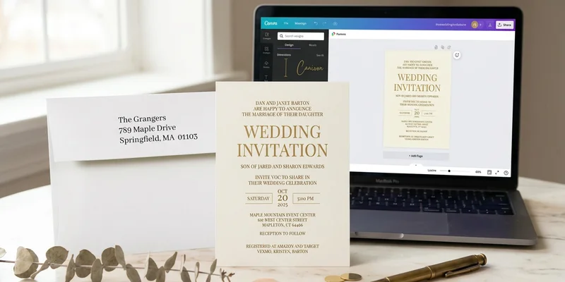 Canva template wedding invitation on screen showing drag and drop design interface