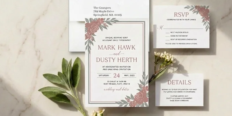 Custom designed wedding invitation with unique layout, custom fonts, and personalized details on premium cardstock