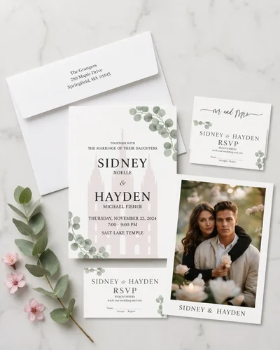 Rustic boho wedding invitation with gold accents