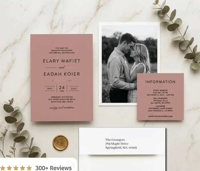 Custom wedding invitation suite with photo on back, matching insert card, and white envelope